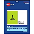 Avery® Printable Sticker Paper, 94269-BGP20, Rectangle, 8-1/2" x 11", Matte Bright Green, Pack of 20 1 thumbnail image