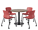 KFI Studios Proof Cafe Round Pedestal Table With Imme Caster Chairs, Includes 4 Chairs, 29”H x 36”W x 36”D, Studio Teak Top/Black Base/Coral Chairs