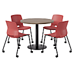 KFI Studios Proof Cafe Round Pedestal Table With Imme Caster Chairs, Includes 4 Chairs, 29”H x 36”W x 36”D, Studio Teak Top/Black Base/Coral Chairs 1 thumbnail image