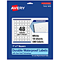 Avery® Waterproof Permanent Labels With Sure Feed®, 94103-WMF10, Square, 1" x 1", White, Pack Of 480