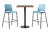 KFI Studios Proof Bistro Square Pedestal Table With Imme Bar Stools, Includes 2 Stools, 43-1/2”H x 30”W x 30”D, Studio Teak Top/Black Base/Sky Blue Chairs