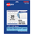 Avery® Waterproof Permanent Labels With Sure Feed®, 94106-WMF100, Square, 1-1/2" x 1-1/2", White, Pack Of 2,000