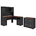 Bush Business Furniture Fairview 60"W L-Shaped Corner Desk With Hutch And Lateral File Cabinet, Antique Black/Hansen Cherry, Standard Delivery