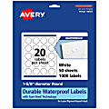 Avery® Waterproof Permanent Labels With Sure Feed®, 94507-WMF50, Round, 1-5/8" Diameter, White, Pack Of 1,000