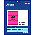 Avery® Printable Labels With Sure Feed® Technology, 94202-NMP40, Rectangle, 1" x 4", Matte Neon Magenta, Pack of 800 1 thumbnail image