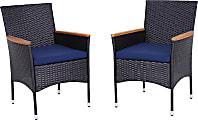 PHI VILLA Rattan Steel Patio Outdoor Dining Chairs, Dark Brown/Blue, Set Of 2 Chairs