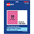 Avery® Print-To-The-Edge Labels With Sure Feed® Technology And Easy Peel® Label Feature, 94505-BPP40, Round, 1-1/4", Matte Bright Pink, Pack of 1200 1 thumbnail image