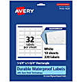 Avery® Waterproof Permanent Labels With Sure Feed®, 94226-WMF10, Rectangle, 1-1/4" x 1-3/4", White, Pack Of 320