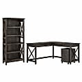 Bush Furniture Key West 60"W L-Shaped Desk With 2-Drawer Mobile File Cabinet And 5-Shelf Bookcase, Dark Gray Hickory, Standard Delivery
