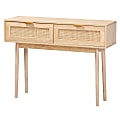 Baxton Studio Mid-Century Modern Rattan 2-Drawer Console Table, 29-1/2"H x 39-7/16"W x 11-13/16"D, Light Oak