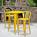Flash Furniture Commercial-Grade Round Metal Indoor-Outdoor Bar Table Set With 2 Vertical Slat-Back Stools, 41"H x 30"W x 30"D, Yellow