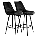 Elama Diamond-Stitched Faux Leather Bar Chairs, Black, Set Of 2 Chairs