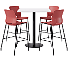 KFI Studios Proof Bistro Square Pedestal Table With Imme Bar Stools, Includes 4 Stools, 43-1/2”H x 36”W x 36”D, Designer White Top/Black Base/Coral Chairs