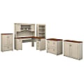 Bush Furniture Fairview 60"W L Shaped Desk With Hutch, Bookcase, Storage And File Cabinets, Antique White/Tea Maple, Standard Delivery