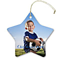 Custom Full-Color Photo Ceramic Keepsake Holiday Ornament With Gold Cord, Star Shape, 3" x 3”