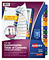 Avery® Ready Index® Plastic Table Of Contents Dividers, 12-Tab, Multicolor