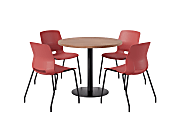 KFI Studios Midtown Pedestal Round Standard Height Table Set With Imme Armless Chairs, 31-3/4”H x 22”W x 19-3/4”D, River Cherry Top/Black Base/Coral Chairs