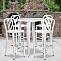 Flash Furniture Commercial-Grade Round Metal Indoor-Outdoor Bar Table Set With 4 Vertical Slat-Back Stools, 41"H x 30"W x 30"D, White