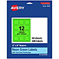 Avery® Print-To-The-Edge Labels With Sure Feed® Technology And Easy Peel® Label Feature, 94107-NGP40, Square, 2" x 2", Matte Neon Green, Pack of 480 1 thumbnail image