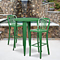 Flash Furniture Commercial-Grade Round Metal Indoor-Outdoor Bar Table Set With 2 Vertical Slat-Back Stools, 41"H x 30"W x 30"D, Green