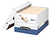 Bankers Box® Presto™ Heavy-Duty Storage Boxes With Locking Lift-Off Lids And Built-In Handles, Letter/Legal Size, 15" x 12" x 10", 60% Recycled, White/Blue, Case Of 4