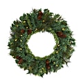 Nearly Natural Mixed Pine And Pinecone Artificial Christmas Wreath With 35 Warm LED Lights, 20” x 4”, Green