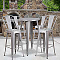 Flash Furniture Commercial-Grade Round Metal Indoor/Outdoor Bar Table Set With 4 Café Stools, 41"H x 24"W x 24"D, Silver