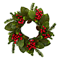 Nearly Natural Magnolia Leaf, Berry And Pine Artificial Wreath, 19” x 19”, Green