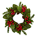 Nearly Natural Magnolia Leaf, Berry And Pine Artificial Wreath, 19” x 19”, Green 1 thumbnail image