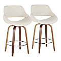 LumiSource Fabrico Counter Stools, Cream Seat/Walnut Frame/Silver Round Footrest, Set Of 2 Stools