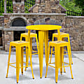 Flash Furniture Commercial-Grade Round Metal Indoor-Outdoor Bar Table Set With 4 Square-Seat Backless Stools, 41"H x 30"W x 30"D, Yellow