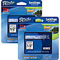 Brother® P-touch TZe Laminated Tape Cartridges, 1/2"W, White, Clear, 2 Per Bundle