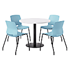 KFI Studios Midtown Pedestal Round Standard Height Table Set With Imme Armless Chairs, 31-3/4”H x 22”W x 19-3/4”D, Designer White Top/Black Base/Sky Blue Chairs