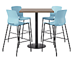 KFI Studios Proof Bistro Square Pedestal Table With Imme Bar Stools, Includes 4 Stools, 43-1/2”H x 42”W x 42”D, Studio Teak Top/Black Base/Sky Blue Chairs