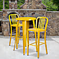 Flash Furniture Commercial-Grade Round Metal Indoor-Outdoor Bar Table Set With 2 Vertical Slat-Back Stools, 41"H x 24"W x 24"D, Yellow