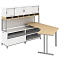 Bush Business Furniture Momentum Floating Dog-Leg Left-Hand L-Station Desk With Hutch And Storage, 62 1/8"H x 71 3/16"W x 81 11/16"D, Natural Maple, Standard Delivery Service