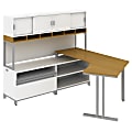 Bush Business Furniture Momentum Floating Dog-Leg Left-Hand L-Station Desk With Hutch And Storage, 62 1/8"H x 71 3/16"W x 81 11/16"D, Modern Cherry, Premium Delivery Service