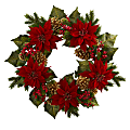 Nearly Natural 24”H Poinsettia, Berry And Golden Pine Cone Artificial Wreath, 24” x 24”, Red