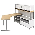 Bush Business Furniture Momentum Floating Dog-Leg Right-Hand L-Station Desk With Hutch And Storage, 62 1/8"H x 71 3/16"W x 81 11/16"D, Natural Maple, Premium Delivery Service