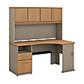 Bush Business Furniture Office Advantage 60"W Corner Desk With Hutch And 2 Drawer Pedestal, Light Oak/Sage, Premium Installation