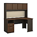 Bush Business Furniture Office Advantage 60"W Corner Desk With Hutch And 2 Drawer Pedestal, Sienna Walnut/Bronze, Premium Installation