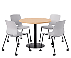 KFI Studios Proof Cafe Round Pedestal Table With Imme Caster Chairs, Includes 4 Chairs, 29”H x 36”W x 36”D, Maple Top/Black Base/Light Gray Chairs