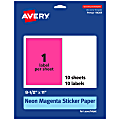 Avery® Printable Sticker Paper, 94269-NMP10, Rectangle, 8-1/2" x 11", Matte Neon Magenta, Pack of 10 1 thumbnail image