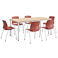 KFI Studios Dailey Table Set With 6 Poly Chairs, Natural Table/Coral Chairs
