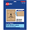 Avery® Kraft Permanent Labels With Sure Feed®, 94101-KMP100, Square, 3" x 3", Brown, Pack Of 600