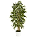 Nearly Natural Bamboo Tree 64”H Plastic Artificial Plant With Tin Planter, 64”H x 10”W x 10”D, Green/White