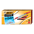 BIC® Round Stic Grip™ Xtra-Comfort Ballpoint Pens, Fine Point, 0.8 mm, Gray Barrel, Red Ink, Pack Of 12