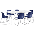 KFI Studios Dailey Table Set With 6 Sled Chairs, White Table/Navy Chairs