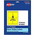 Avery® Printable Labels With Sure Feed® Technology, 94100-NYP10, Square, 4" x 4", Matte Neon Yellow, Pack of 40 1 thumbnail image