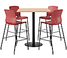 KFI Studios Proof Bistro Square Pedestal Table With Imme Bar Stools, Includes 4 Stools, 43-1/2”H x 42”W x 42”D, Maple Top/Black Base/Coral Chairs